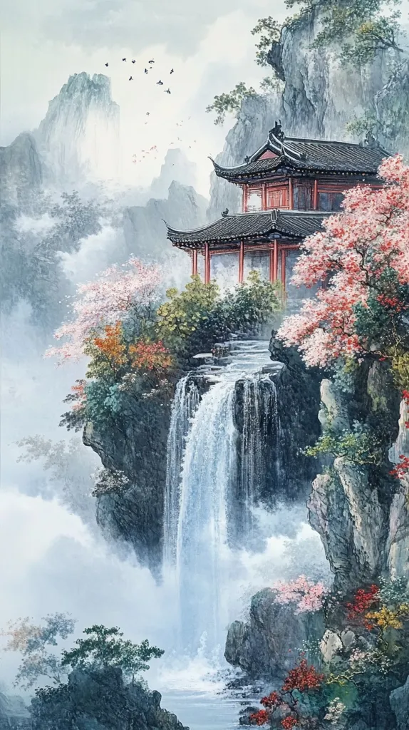 A traditional Chinese-style painting depicts a serene mountain landscape with a cascading waterfall. A red-roofed pavilion sits perched atop a rocky cliff, surrounded by lush greenery and delicate cherry blossoms. The scene is awash in a soft, ethereal mist, creating a sense of tranquility and harmony.