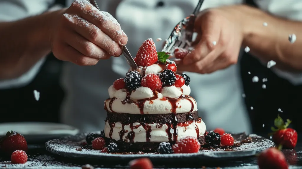 A chef is using a fork to sprinkle powdered sugar over a decadent dessert. The dessert is a layered cake with whipped cream, chocolate sauce, and fresh fruit. The chef's hand is visible, carefully dusting the cake with sugar. The image captures the final touches of a culinary creation, emphasizing the artistry and detail involved in plating a dessert.