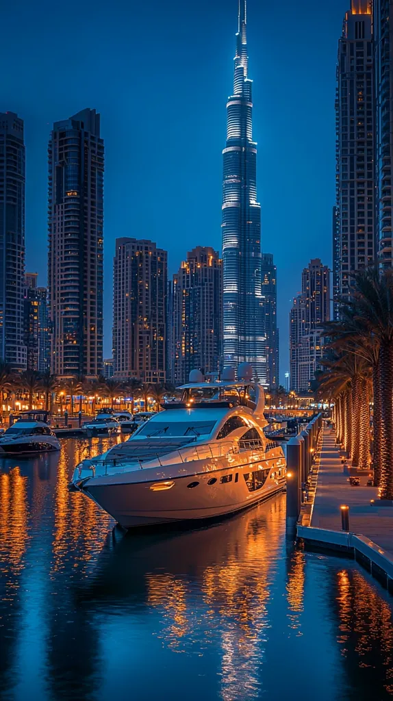 A luxurious yacht is docked in a marina at dusk, with the iconic Burj Khalifa towering over the cityscape.  The sleek lines of the yacht are illuminated by the warm glow of lights reflecting off the water, creating a captivating scene.  The city's skyline is outlined against a deep blue sky, with palm trees lining the walkway.  The peaceful atmosphere is enhanced by the gentle shimmer of the water.