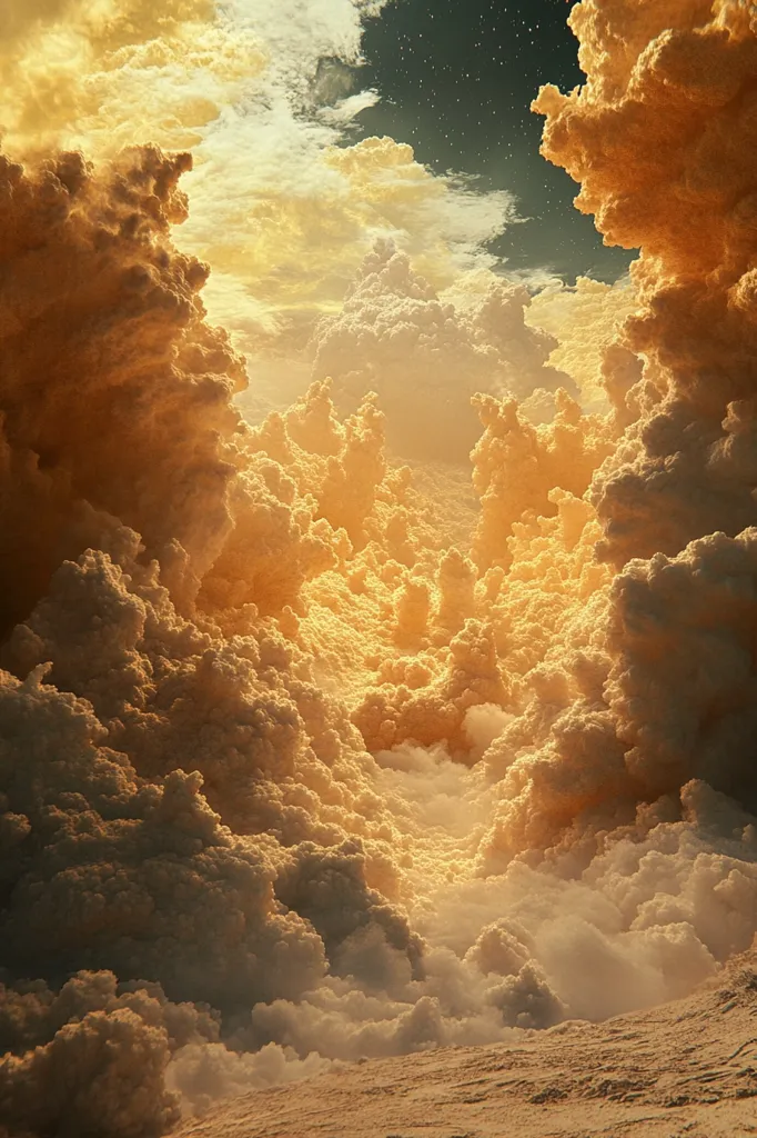 The image depicts a breathtaking scene of a sky filled with fluffy, golden clouds. The clouds are arranged in a dramatic and captivating manner, creating a sense of depth and grandeur.  The light filters through the clouds, casting a warm and inviting glow on the scene. The image evokes a sense of tranquility and serenity, inviting the viewer to lose themselves in the beauty of the clouds.