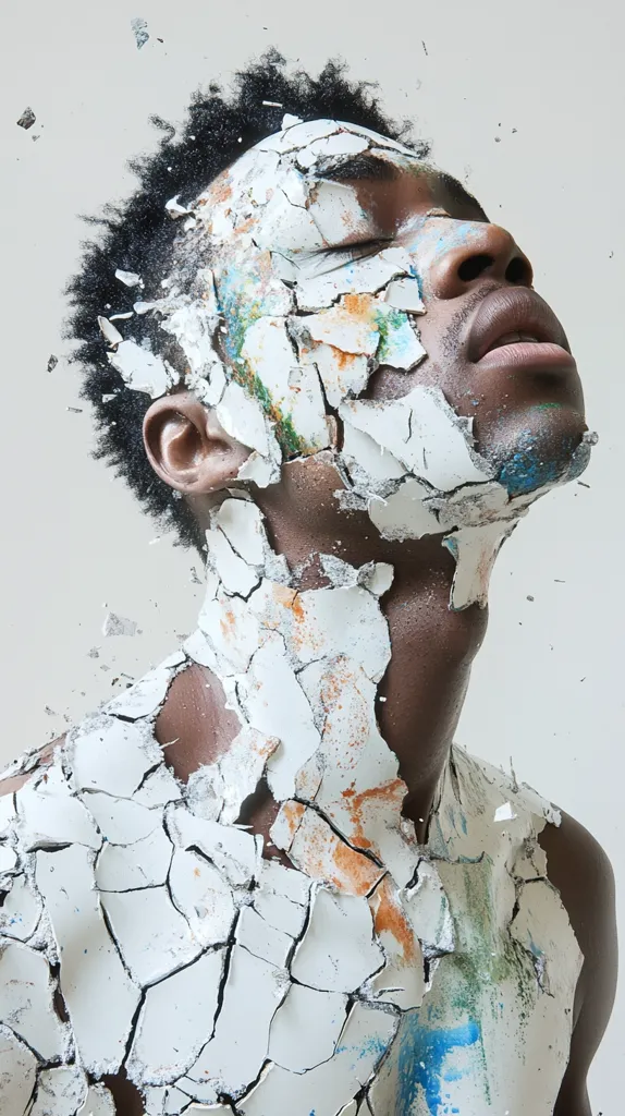 The image depicts a young man with a black afro, whose skin appears to be peeling off in large, cracked pieces. The cracks are filled with vibrant colors, creating a striking visual contrast with the otherwise white background. The man's eyes are closed, and his expression is one of intense focus, as if he is experiencing a profound transformation. The image evokes a sense of vulnerability and resilience, suggesting the process of shedding old layers and embracing new beginnings.