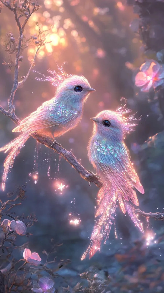 Two delicate, iridescent birds perch on a branch in a dreamy, ethereal forest. The birds have feathery crests and shimmering plumage, their tails trailing with sparkling dust. The soft light and delicate pink flowers create a magical atmosphere. The image evokes a sense of wonder and enchantment.