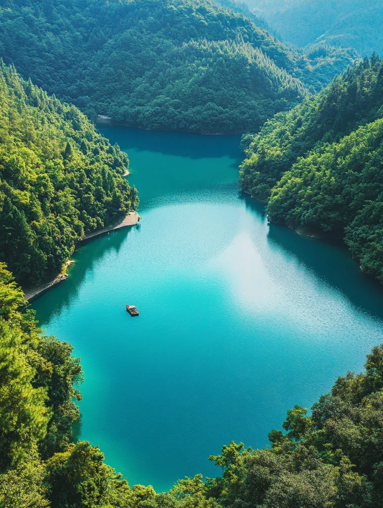 A serene, turquoise lake nestled within lush, verdant mountains. The lake's surface is calm and reflects the sky, creating a breathtaking vista. A lone boat glides across the tranquil waters, adding a touch of solitude to the scene. The surrounding mountains, covered in dense foliage, rise majestically on either side, framing the lake in a natural embrace. The image exudes tranquility and natural beauty, capturing a moment of peace amidst the rugged terrain.