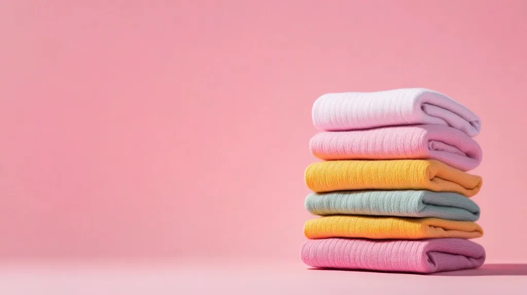 A stack of six folded shirts in various pastel colors sits on a pink surface. The shirts are folded neatly and are arranged in a stack, with the white shirt on top. The pink background creates a soft and delicate backdrop for the shirts. The image is a simple but effective composition, with a focus on the soft textures and colors of the shirts.