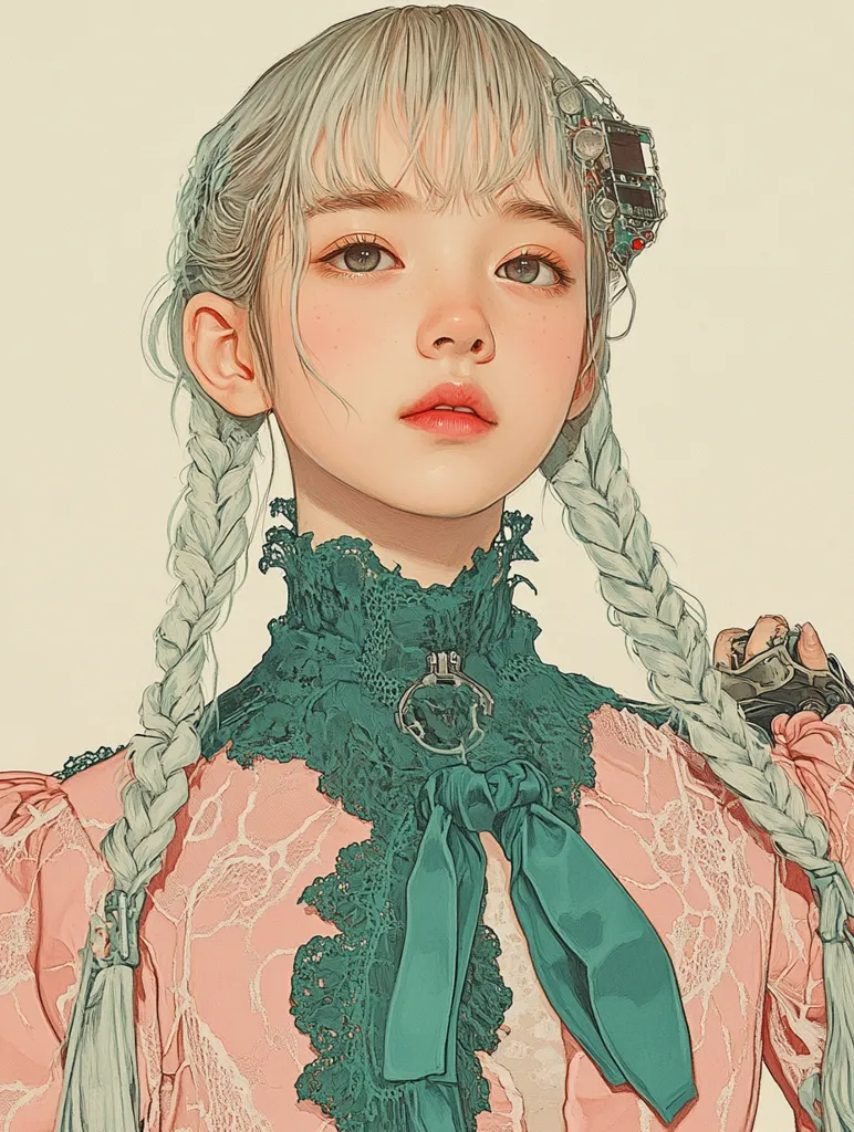 Unity Creations,a fashion pretty girl with realistic perfect korean japanese face,emerald french braid hair, pink and teal gothic lace gown, shape-shifting body, infernal gaze contacts, underground organization, crystal growths slippers, eco-futurism, karmic balance adjuster to shoulders, quantum realm,full body,cowboy shot,waist,hip,thigh,detailed and realistic painting,steampunk ,dynamic pose,moist skin,solo,hand paint manga,partially colored,looking at viewer, reality filter contacts, quantum-shifted, cyber hacking,child prodigy (8-12),flat color,classical --no from behind,angry,stare,out of frame,cut out --ar 3:4 --personalize r48wu4e --stylize 268 --v 6.1