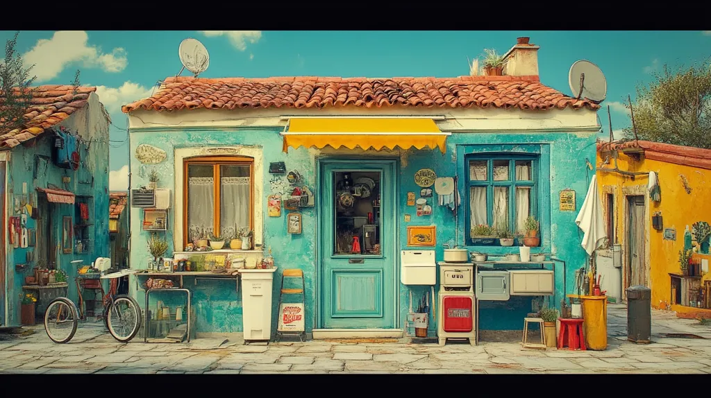 The image shows a colorful street in a Mediterranean town. A turquoise house with a yellow awning sits in the center of the scene. It has a large, open doorway and windows, revealing a glimpse of the interior. To the left is a smaller house, with a bicycle parked in front of it. To the right is a yellow house with a white sheet hanging outside. The street is paved with stone, and the houses are decorated with colorful details. The sky is clear blue with fluffy white clouds.  The scene is warm and inviting, evoking a sense of charm and tranquility.