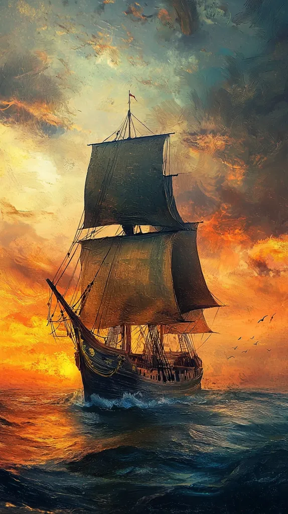 A tall ship with black sails cuts through the choppy waters of the sea. The sun is setting, casting a warm orange glow on the clouds above. The ship is sailing into the distance, leaving a trail of foam in its wake. The sky is a beautiful mix of orange, pink, and purple. There are a few birds flying in the sky. The image is a classic depiction of a ship at sea, captured in a beautiful and dramatic sunset.
