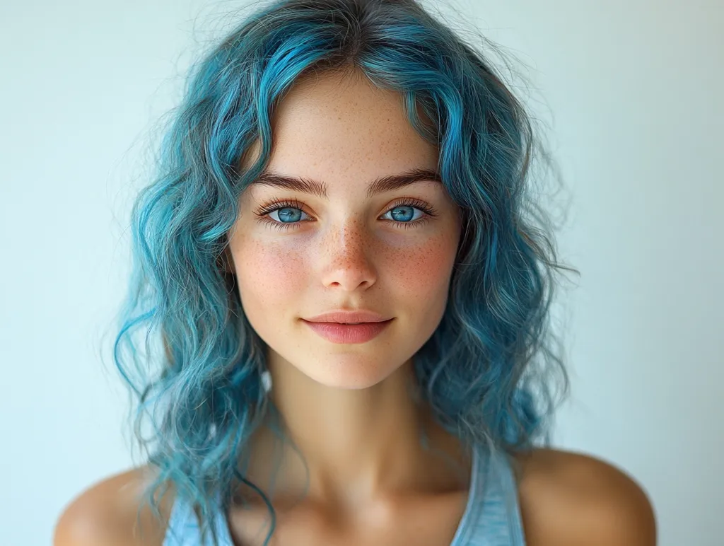The image shows a young woman with blue hair, a soft smile, and bright blue eyes. Her hair is styled in loose curls that frame her face. She has light skin with freckles and is wearing a light blue tank top. She looks directly at the camera with a relaxed expression. The background is a simple white wall.  The image is a close-up and focuses on the woman's face and hair.