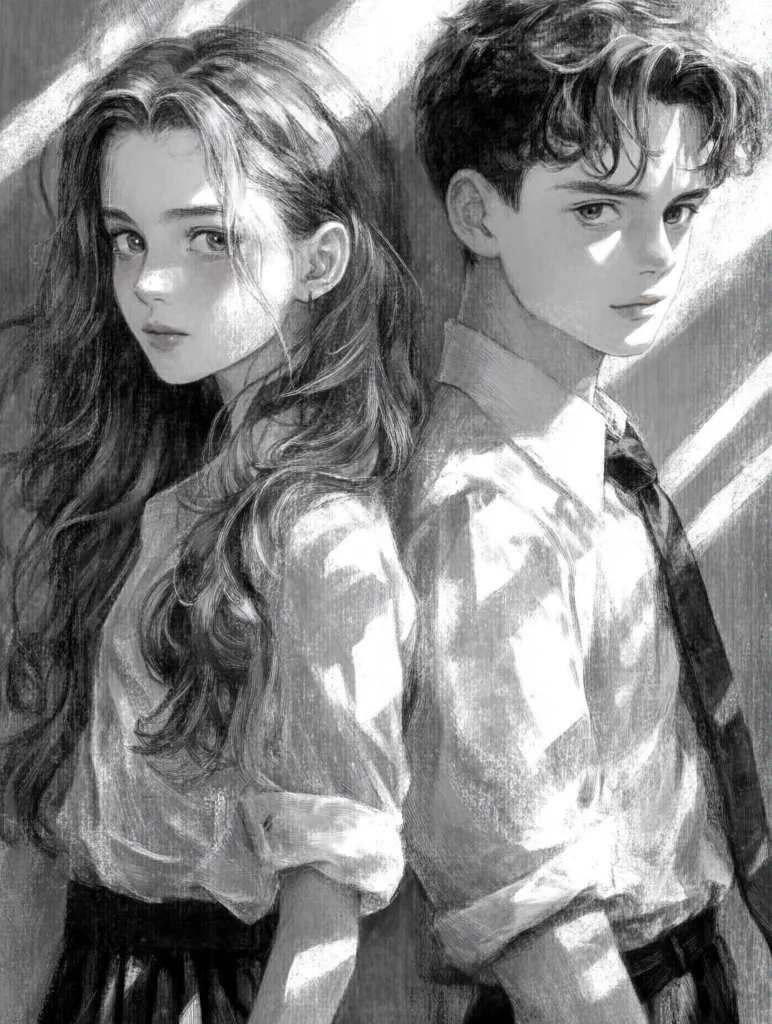 A black and white drawing of a young couple, a girl with long hair and a boy with short hair, standing close together. They are both looking at the viewer, the girl with a gentle expression and the boy with a more serious expression. Their clothing is simple and their faces are softly drawn, creating a romantic and intimate atmosphere. The light and shadows in the drawing emphasize their closeness and the gentle connection between them.  The overall style is realistic and the use of shading and detail contributes to a sense of depth and emotion.