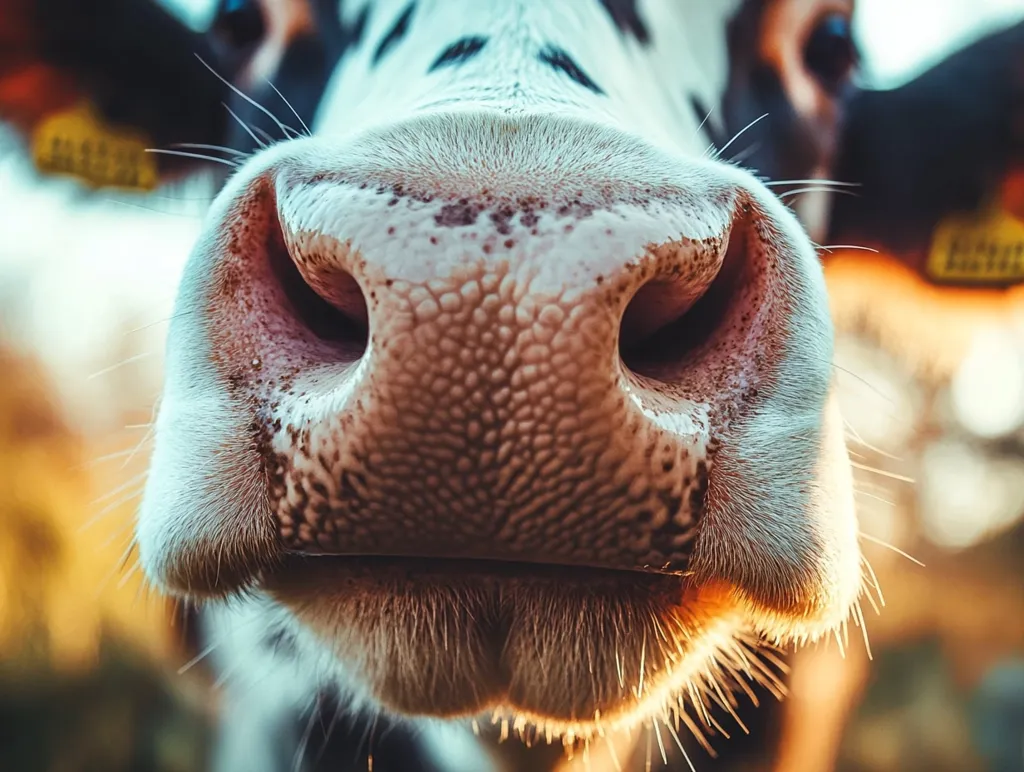 A close-up shot of a cow's nose, with soft, pink nostrils and a rough, textured surface.  The black and white markings of the cow are visible around the nose, and the soft, white fur catches the light.  The nose is in sharp focus, while the background is blurred and out of focus, giving the image a sense of depth.