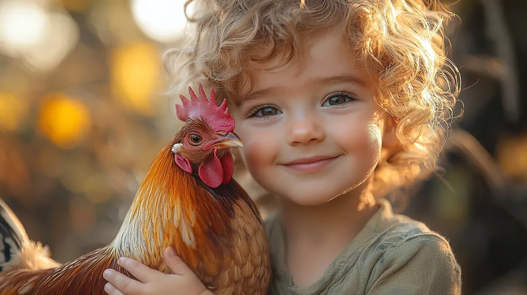 A young girl with curly blonde hair is holding a rooster in her arms. She is smiling brightly at the camera, and the rooster is looking directly at the viewer. The girl is wearing a light brown shirt and the rooster is a brown and red color.  A blurred background of green foliage suggests an outdoor setting. The image captures a moment of innocence and a connection between a child and an animal.