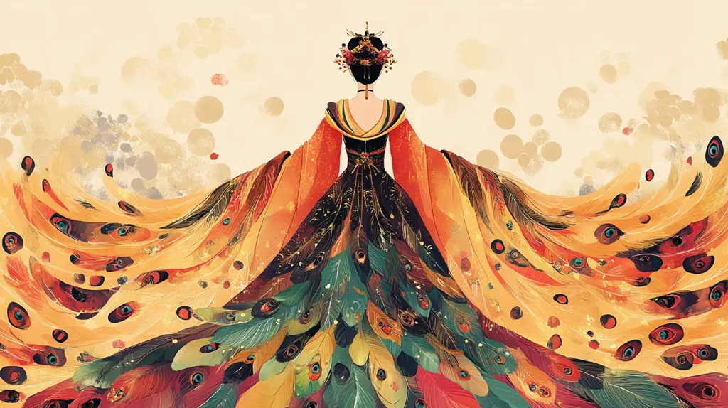The image depicts a woman wearing a vibrant gown adorned with intricate peacock feathers. The dress is a cascade of yellow, orange, green, and red hues, creating a mesmerizing visual display. The woman's black hair is adorned with delicate flowers, adding to the elegance of the composition. The background is a soft, muted beige with subtle splashes of color, providing a contrast to the bold and vibrant dress. The overall effect is one of ethereal beauty and elegance.
