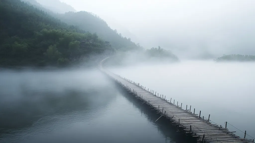 A long, wooden bridge stretches across a misty river, disappearing into the fog. The fog envelops the river and the surrounding hills, creating a sense of mystery and tranquility. The scene is serene and peaceful, with the bridge leading the eye into the unknown. The image evokes a sense of solitude and contemplation.