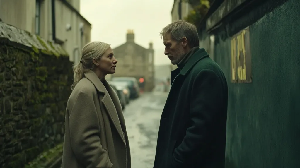 A woman in a beige coat stands facing a man in a green coat. They are in a narrow alleyway, and the man is standing closer to the wall. Both are looking at each other with serious expressions on their faces. The scene is overcast and dark, with the stone walls and cobblestones in the background creating a sense of mystery and tension.  The man's hand is tucked into his coat pocket, and the woman's is resting on her hip. The image feels like a still from a suspenseful thriller.