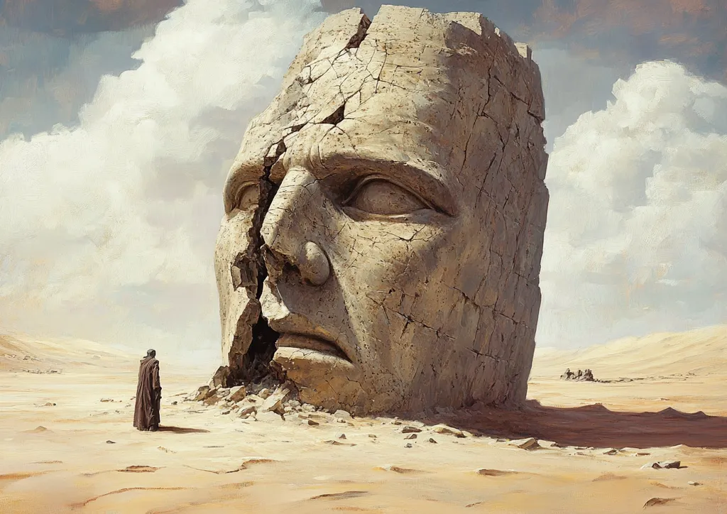 A solitary figure stands in a vast desert, dwarfed by a colossal, cracked stone head. The head, seemingly ancient and weathered,  lies partially buried in the sand. Its features are weathered and worn, with a deep fissure splitting its face.  The sky is a canvas of clouds,  and the desolate landscape suggests a forgotten world. The scene evokes a sense of mystery, solitude, and the passing of time.