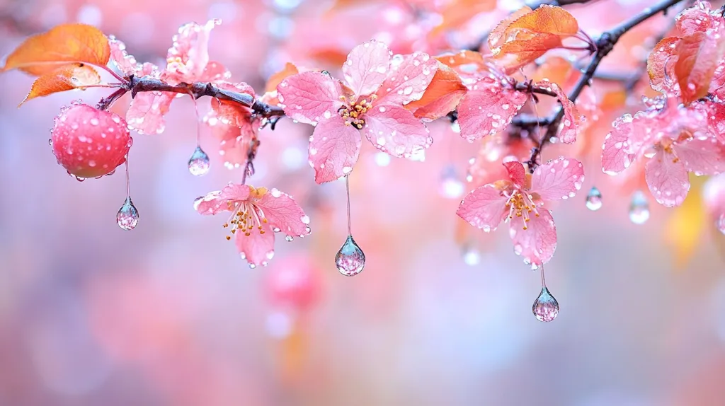 A close-up of delicate pink blossoms on a tree branch. Water droplets cling to the petals, reflecting the surrounding light and creating a sense of freshness. The flowers are arranged in a cluster, their soft pink hues contrasting beautifully with the green leaves. The image captures a moment of natural beauty, emphasizing the delicate details of nature after a recent rain shower.