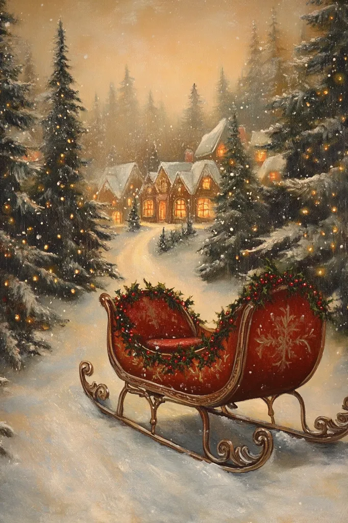 A red sleigh adorned with holly sits on a snowy path in a winter wonderland. The sleigh is in the foreground, while a charming village with warm, glowing windows can be seen in the background, nestled among snow-covered trees.  The scene is painted in a warm, nostalgic style, evoking the magic of the holiday season.