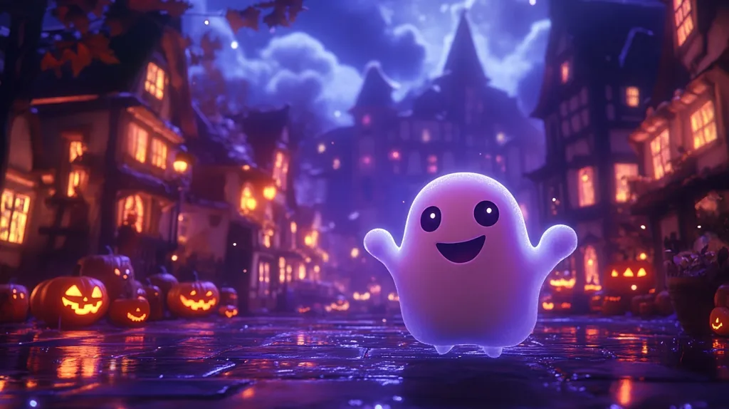 A glowing white ghost with big eyes and a wide smile is standing in the middle of a cobblestone street lit by warm lights.  Behind the ghost are rows of jack-o-lanterns, and in the background are several lit up Halloween-themed houses.  The night sky is a dark purple, and the air is filled with a magical glow.