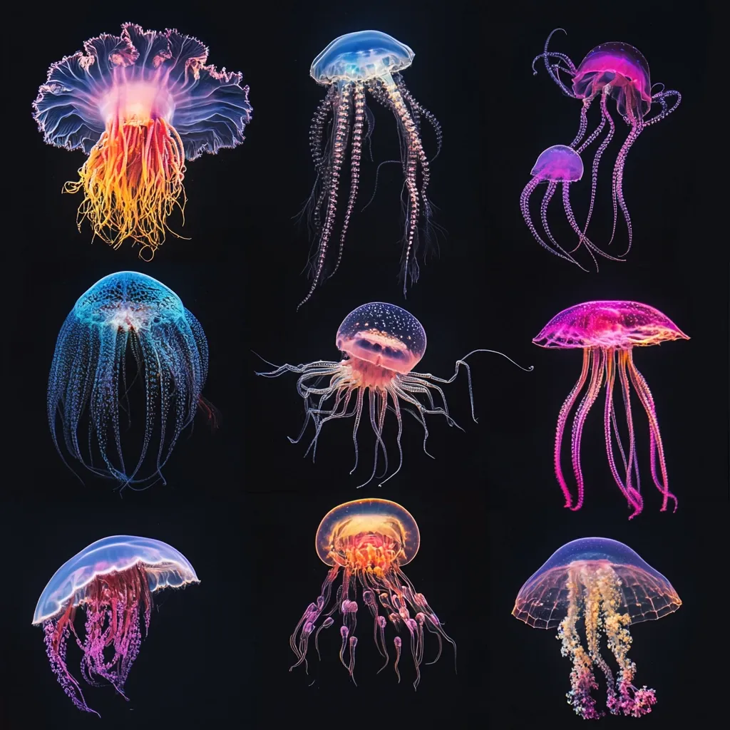The image showcases nine jellyfish of various species, each with unique colors and patterns. The jellyfish are depicted in a dark, black background, highlighting their bioluminescent properties. Some have long, flowing tentacles, while others have shorter, more compact ones. Their translucent bodies shimmer with vibrant hues of blue, pink, purple, and yellow, creating a mesmerizing display of natural beauty.