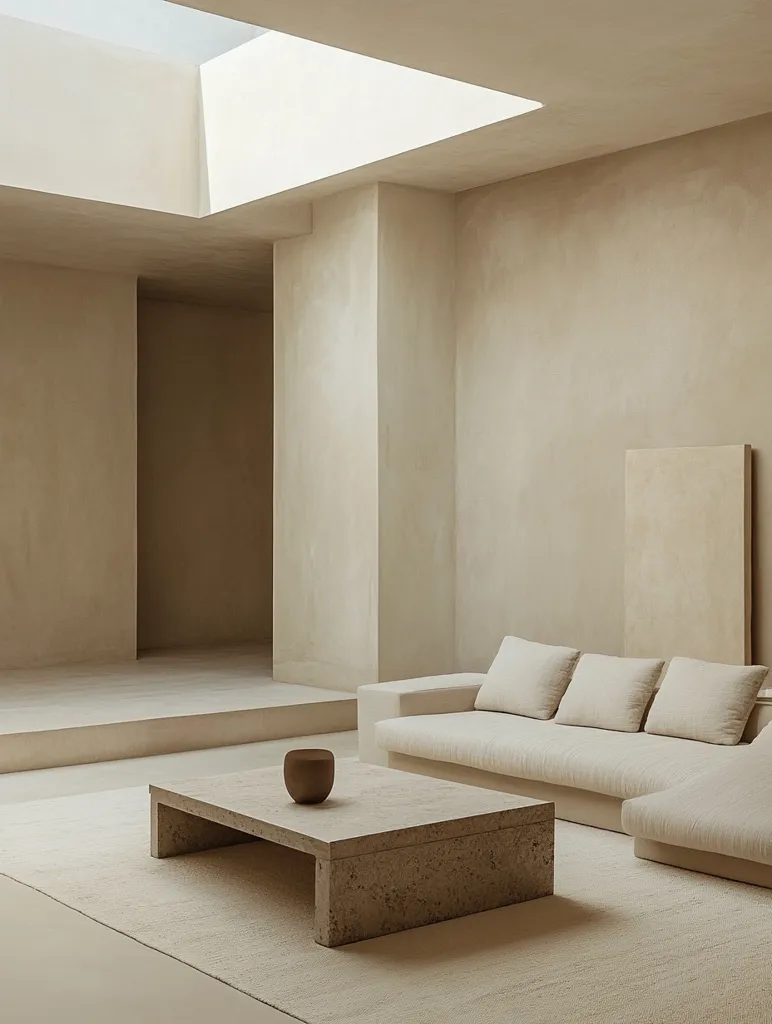 The image shows a minimalist living room with a large sectional sofa and a low coffee table. The walls are a light beige color, and there is a large skylight in the ceiling that provides natural light. The room is sparsely decorated, with a single object on the coffee table. The overall effect is one of calm and simplicity. The image is shot from a low angle, giving the viewer a sense of being in the room.