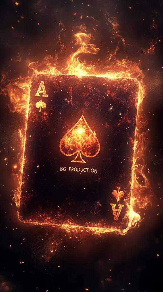 A playing card, the Ace of Spades, is engulfed in flames, set against a dark background with sparks flying. The card is slightly tilted, with the "BG PRODUCTION" text visible beneath the spade. The flames are intense, with a reddish-orange hue, and they are swirling around the card. The overall effect is one of heat and energy.