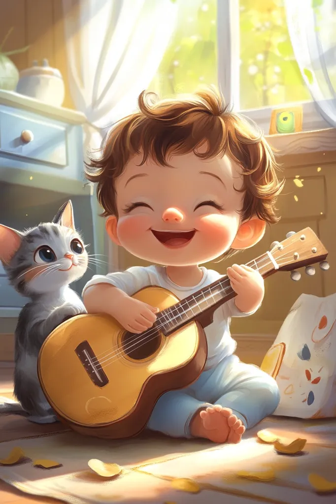 A young child, with big brown eyes and a bright smile, is playing an acoustic guitar. The child is wearing a light blue shirt and jeans, and they are sitting on the floor with a white cat beside them. The sun is shining through a window behind them, casting a warm glow on the scene. The child appears to be happy and carefree, enjoying their music and the company of their cat.  The scene is simple but charming, capturing a moment of pure joy and innocence.