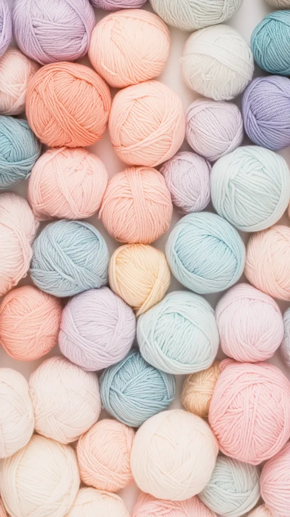A close-up image of a collection of yarn balls, with a variety of pastel colors including pink, blue, and purple. The yarn is arranged in a random pattern, creating a visually appealing and colorful display. The soft texture and delicate hues evoke a sense of comfort and tranquility.