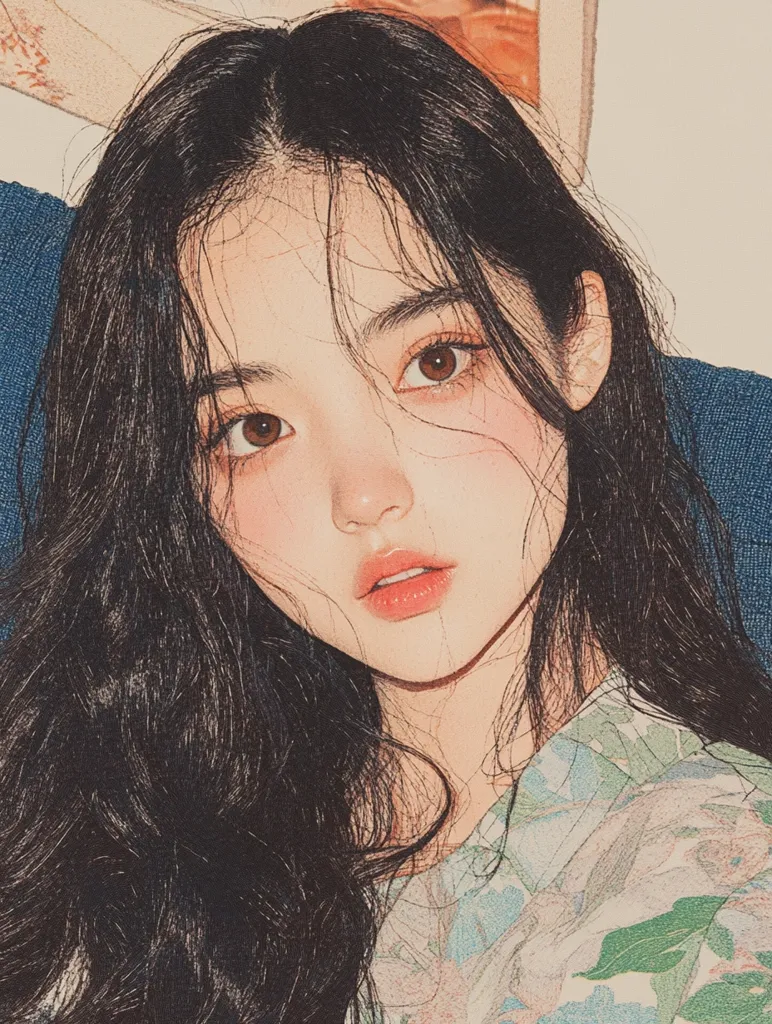 The image is a close-up portrait of a young woman with long, black hair. She is looking directly at the camera with a soft expression. Her hair is styled in a loose wave, and she is wearing a floral-patterned shirt. The lighting is soft and warm, creating a romantic and ethereal atmosphere. The image has a vintage aesthetic.