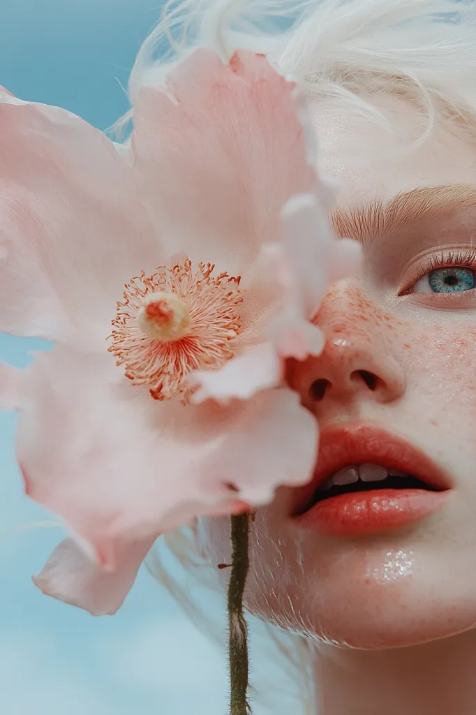A young woman with pale skin and freckles holds a delicate pink flower to her face. The flower covers part of her face, leaving only her lips and one eye visible. The soft focus and pastel colors create a dreamy and ethereal atmosphere.  Her blue eye is highlighted by the delicate petals.  The image is a study in contrast: the vibrant blue of the eye against the soft pink of the flower and her pale skin.  The image has a romantic and delicate aesthetic.