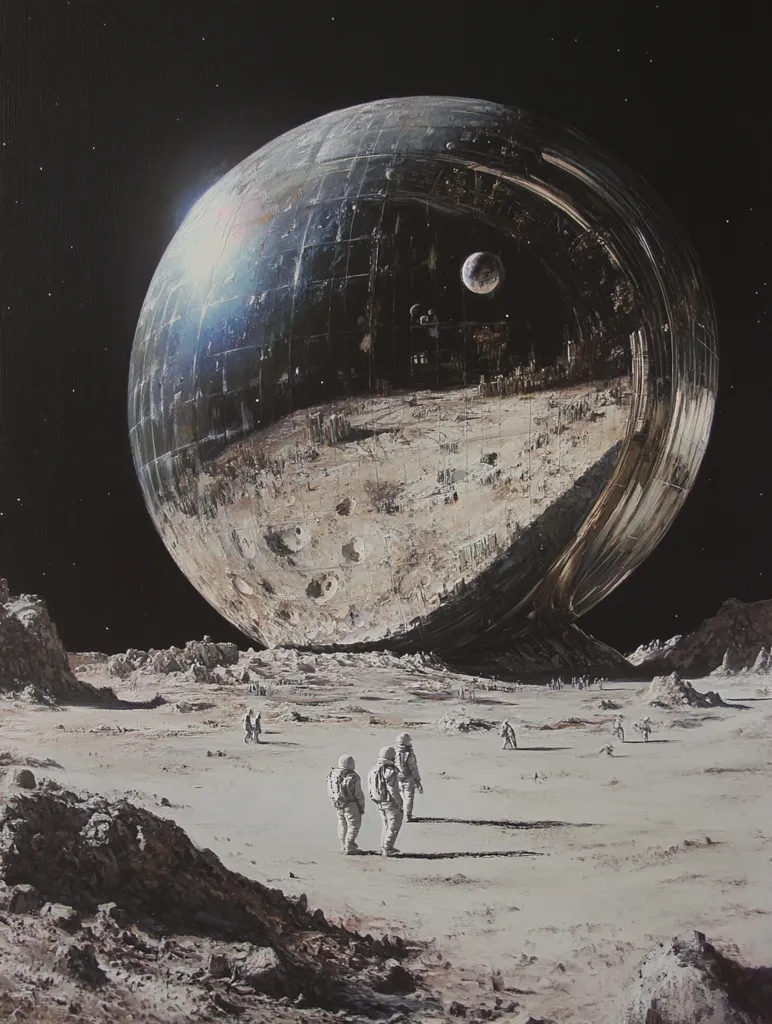 The image depicts a desolate, lunar landscape with a giant, metallic sphere hovering above. The sphere appears to be a futuristic structure, possibly a space station or a massive vessel, and it casts a long shadow across the barren terrain. In the foreground, several figures clad in space suits walk across the surface, their small forms dwarfed by the enormous scale of the sphere. The scene evokes a sense of wonder and isolation, suggesting a future where humanity has ventured beyond Earth. The vastness of the cosmos and the mysterious nature of the sphere create an atmosphere of intrigue and exploration.
