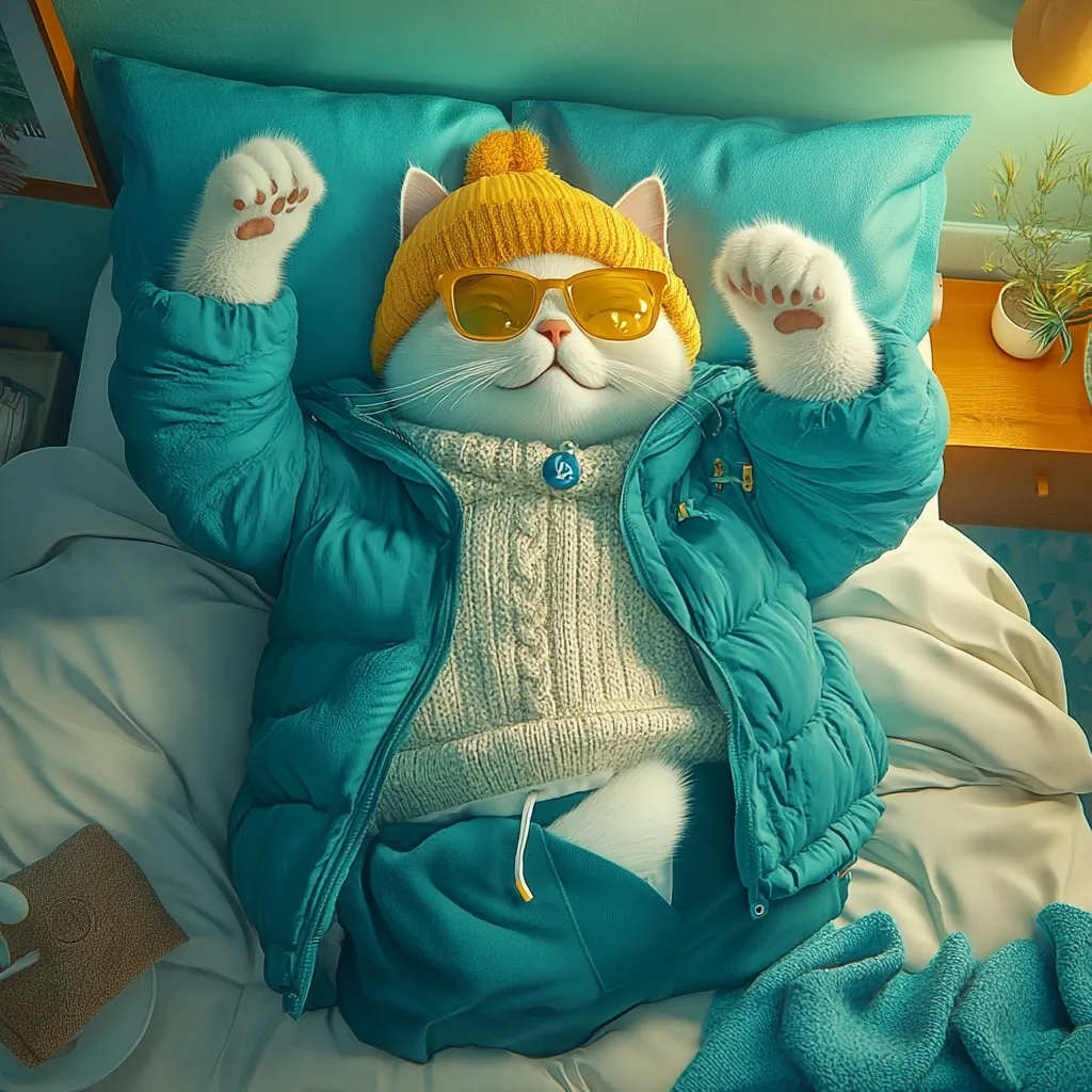 A white cat wearing a teal puffy jacket, a white knitted sweater, and yellow sunglasses is lying on a bed with its arms raised in the air. The cat is wearing a yellow knitted hat and a small white charm around its neck. The bed is made of white sheets and a teal pillow.  The cat's relaxed posture and cozy outfit suggest it's enjoying a peaceful moment of rest.