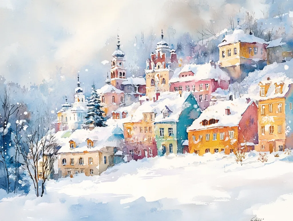A watercolor painting depicts a snowy European village nestled in a hillside. The buildings are painted in soft, pastel colors, with touches of yellow, pink, and blue. The snow blankets the ground, creating a serene and peaceful scene. The artist captures the delicate beauty of winter in this charming painting.