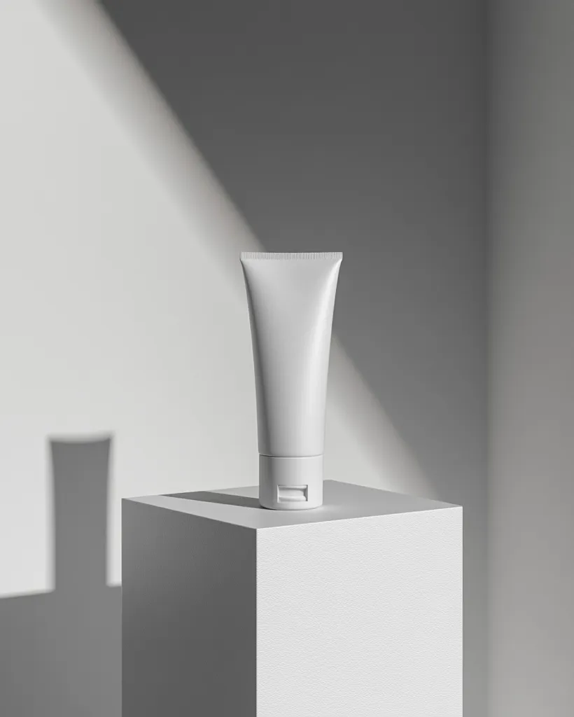 A white tube of lotion sits on a white square pedestal against a white background. The tube is positioned in the center of the pedestal, with the opening facing forward. Sunlight casts a shadow on the wall and pedestal. The background is out of focus, creating a minimalist aesthetic.