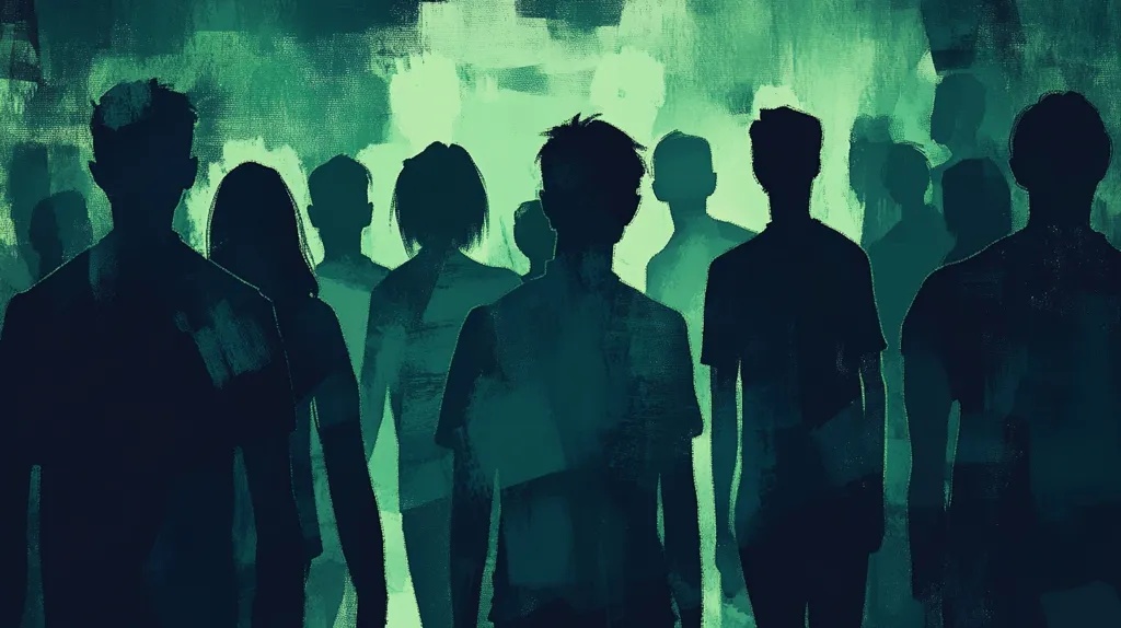 The image shows a group of people standing in a crowd, their silhouettes outlined against a green and white background. The background is painted with a textured, impressionistic style, creating a sense of depth and movement. The people are all facing forward, their expressions hidden in the darkness. The overall effect is one of anonymity and togetherness, with the individuals lost in the collective.
