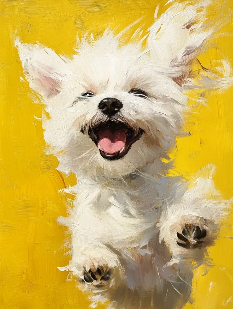 A white dog with fluffy fur is jumping in the air. Its tongue is sticking out and its eyes are closed. The dog is against a bright yellow background. The painting is done in a loose and expressive style. It is an oil painting with thick brushstrokes.  The dog's expression is joyful and playful, giving the viewer a sense of happiness.