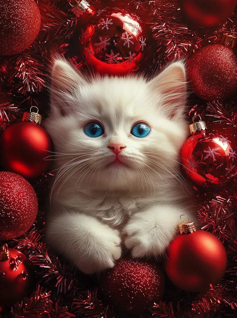 A white kitten with piercing blue eyes sits amongst a bed of red tinsel and Christmas ornaments. The kitten has a soft, fluffy coat and its paws are tucked neatly beneath its chest. The red ornaments and tinsel create a festive backdrop, while the kitten's innocence and beauty add a touch of magic to the scene.