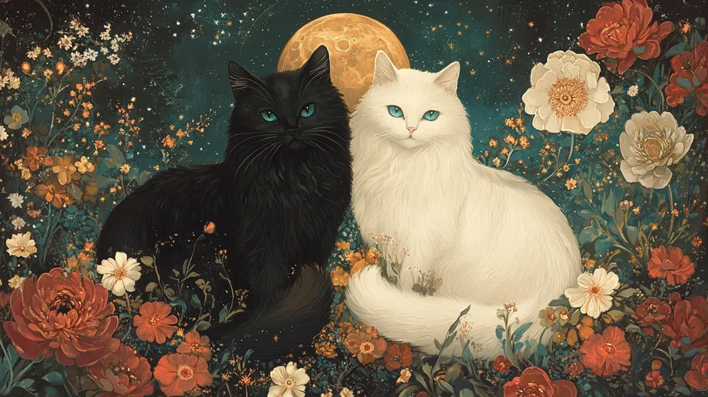 A black cat and a white cat sit in a field of flowers against a backdrop of a full moon and a starry night sky. The black cat has bright blue eyes, while the white cat has turquoise eyes.  The flowers are in shades of red, white and yellow. The scene is a beautiful contrast of light and dark. The image is both peaceful and magical.