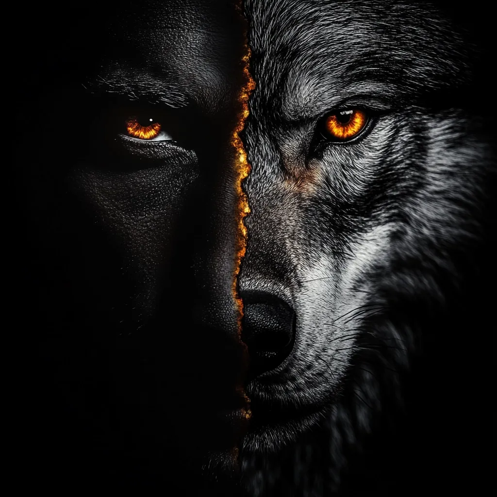 The image is a close-up of a wolf's face, the left side of which is replaced with a human face. The image is dark, with the wolf's fur and the human's skin appearing black, with their eyes glowing orange. The two faces are divided by a vertical line of fire.  The image is likely meant to symbolize the duality of human nature.