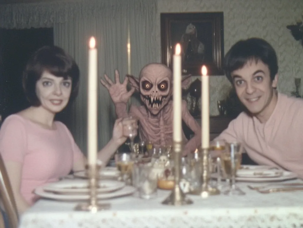 A couple sits at a dinner table, a horrifying creature lurks behind them.  A picture frame hangs on the wall, candles are lit on the table, the woman smiles at the camera, the man looks towards the creature, and the creature raises a hand in a gesture of greeting. The scene is unsettling and evokes a sense of unease.