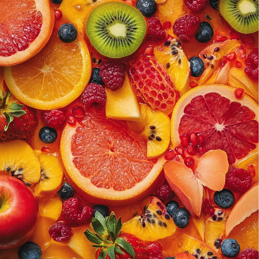 A vibrant fruit salad bursting with color and texture.  Slices of oranges, grapefruits, and kiwi mingle with strawberries, raspberries, and pomegranate seeds.  The bright yellow background suggests a citrus dressing, adding to the refreshing appeal of this healthy and delicious dish.