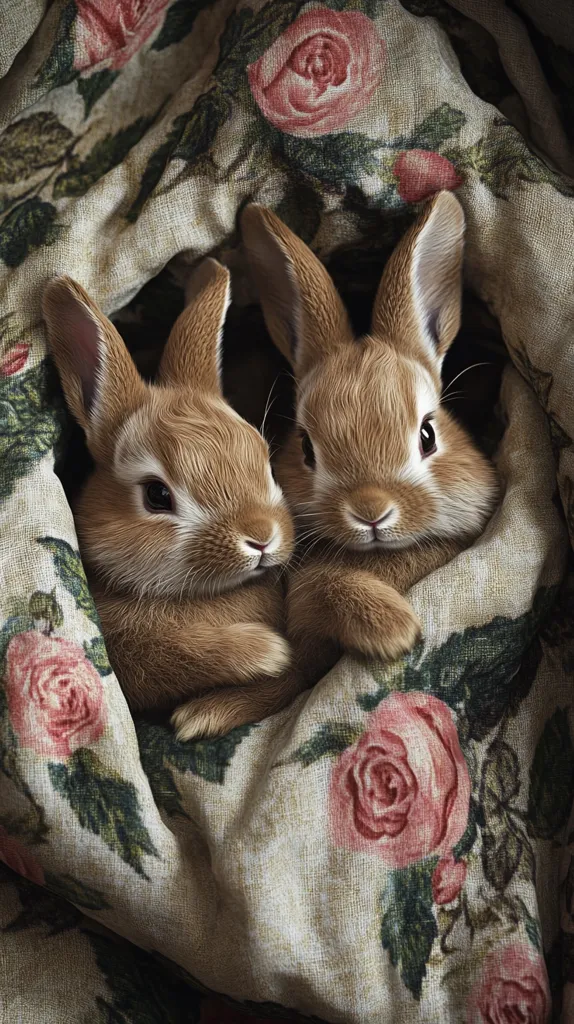 Two brown rabbits are snuggled together in a floral blanket. They are both facing the camera with their heads close together. The blanket is a cream color with pink roses and green leaves. The rabbits have soft fur and are curled up in a cozy position. The image is soft and romantic, suggesting a sense of peace and tranquility.