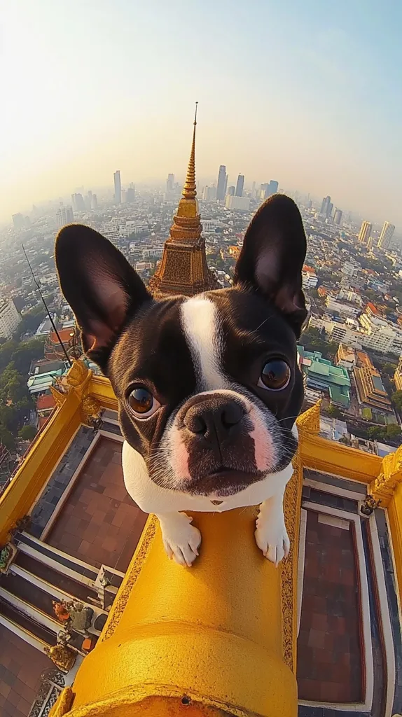 A black and white French bulldog stands on a golden railing with a city skyline in the background. The dog is looking directly at the camera, with its tongue slightly out. The city is filled with buildings, including a large golden temple. The sky is clear and blue, with a hint of orange from the setting sun. The image is taken from a high angle, giving the viewer a unique perspective of the city.