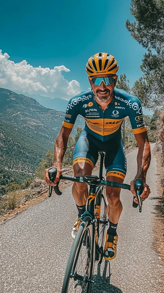 A cyclist in a yellow and blue cycling kit rides a black road bike down a winding road. He wears a yellow helmet and sunglasses, and the road is bordered by green hills and trees. The sky is blue with white clouds. He looks determined and focused as he pedals down the hill.