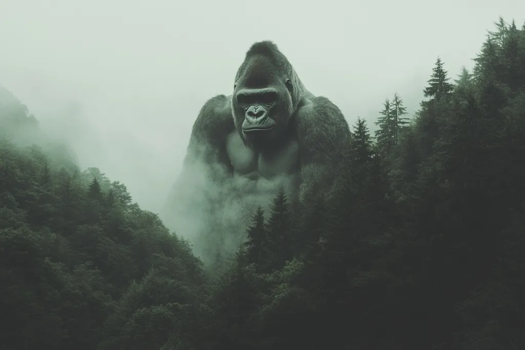 A large gorilla stands in a dense, misty forest. The gorilla's massive form dominates the scene, its presence felt more than seen. The fog creates an eerie atmosphere, obscuring the details of the gorilla and the surrounding trees. The image evokes a sense of mystery and wonder, hinting at a hidden world within the misty depths.