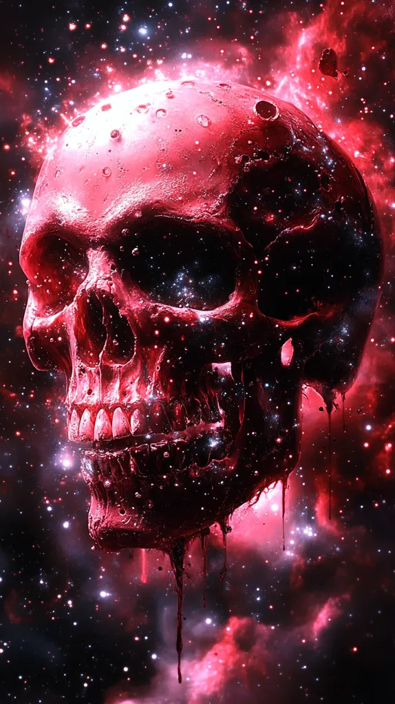 The image depicts a skull, rendered in a crimson hue, suspended against a backdrop of swirling nebulae and a celestial expanse dotted with twinkling stars.  The skull's surface appears to be dripping with a viscous, blood-like substance, adding to the eerie and macabre aesthetic. The composition evokes a sense of cosmic dread and the vastness of the unknown.