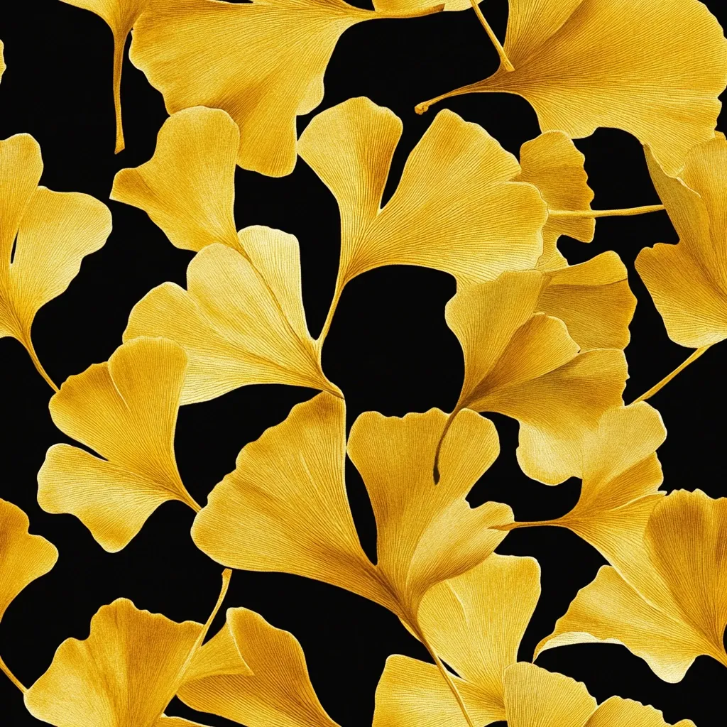 A close-up image of golden ginkgo leaves against a black background. The leaves are arranged in a layered and overlapping pattern, creating a sense of depth and texture. The image is reminiscent of a botanical illustration, showcasing the intricate details and beauty of these autumnal leaves.