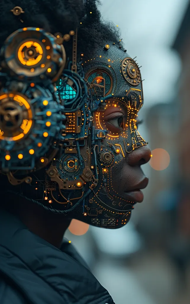 A person with dark skin and short, curly hair wears a futuristic, intricate mask made of metal and glowing circuitry. The mask covers the person's face, with intricate details and patterns. The mask is blue and gold, with small, glowing lights scattered throughout.  The person's eyes and mouth are visible through the mask, adding a human touch to the otherworldly design.