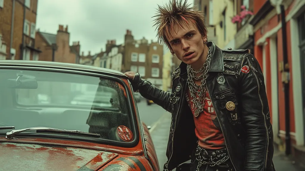 A young man with spiky, blonde hair is leaning against a rusty red car. He is wearing a black leather jacket adorned with studs and patches, a red t-shirt, and a chain belt. His serious expression and the gritty urban backdrop create a punk rock aesthetic. The image captures a rebellious and edgy spirit.