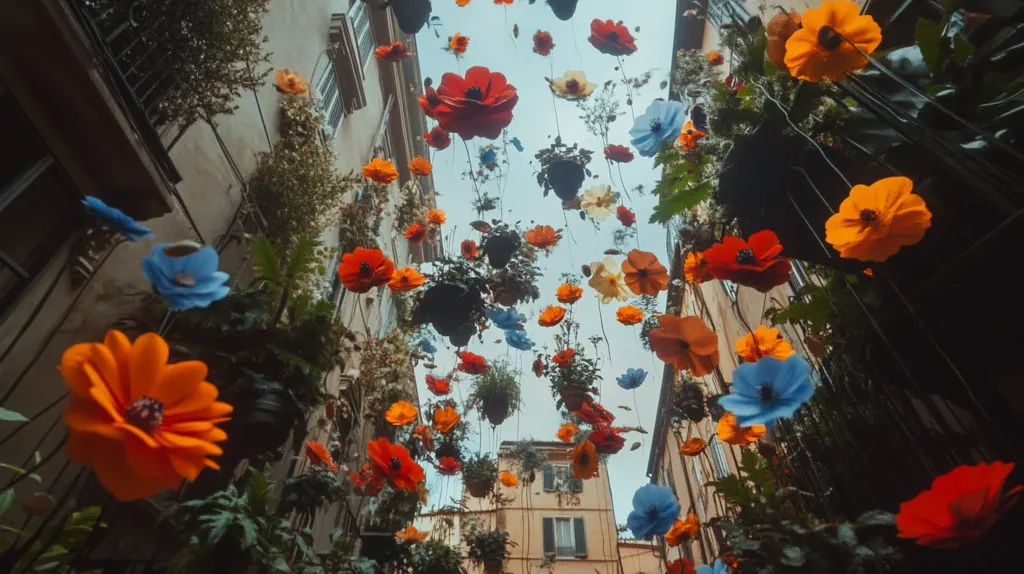 A narrow alleyway is adorned with colorful paper flowers hanging from strings, creating a vibrant and whimsical atmosphere. The flowers are primarily shades of orange, red, and blue, adding a cheerful touch to the otherwise simple street scene.  The view is from ground level, looking upwards at the hanging decorations. The flowers are so numerous that they almost completely block out the sky, creating a surreal and enchanting effect.