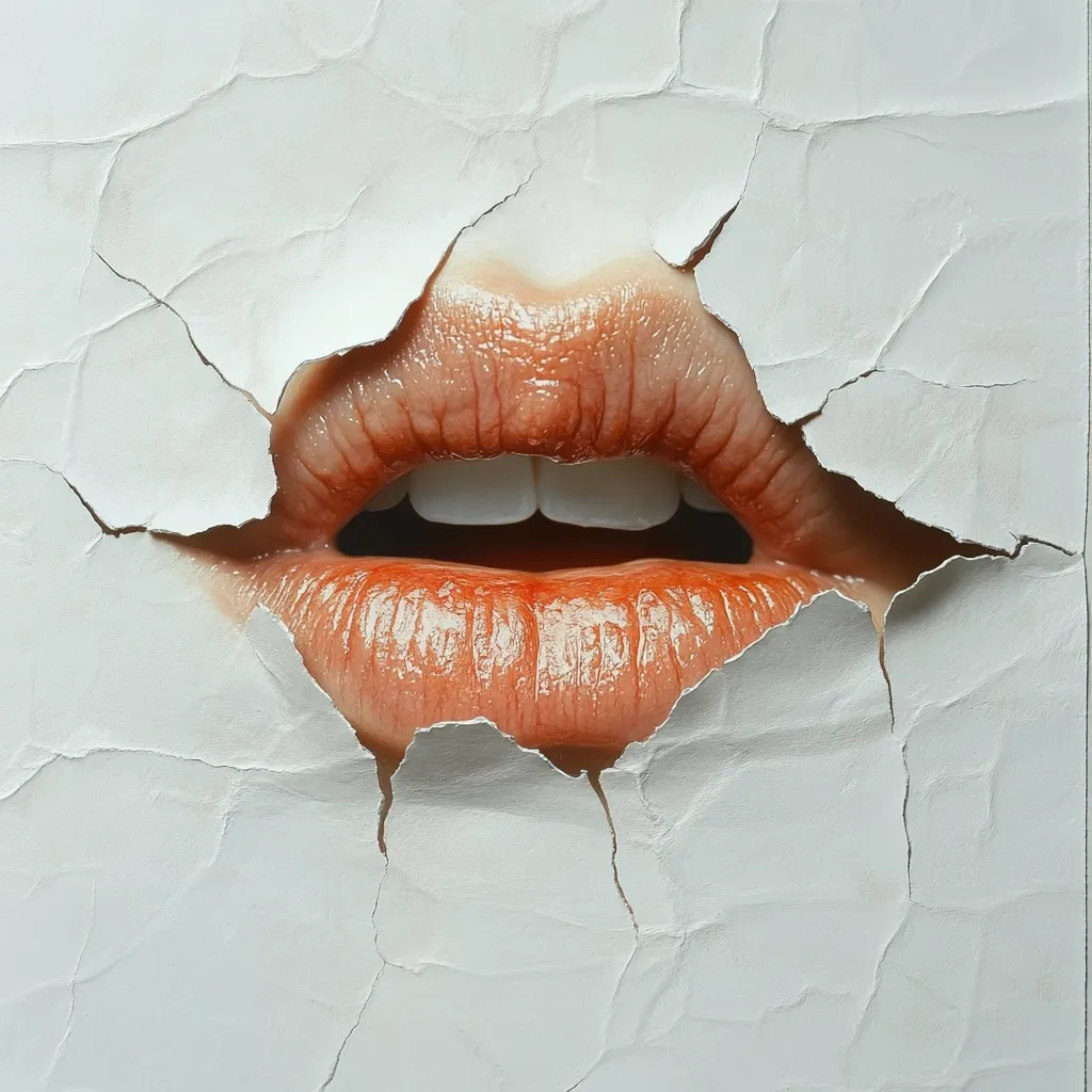 A pair of full, glossy lips peek out from a crack in a white, textured wall. The lips are slightly parted, revealing a flash of white teeth. The image is abstract and suggestive, leaving the viewer to interpret its meaning.  The cracked wall symbolizes a barrier or a breaking point, while the lips represent vulnerability or seduction.